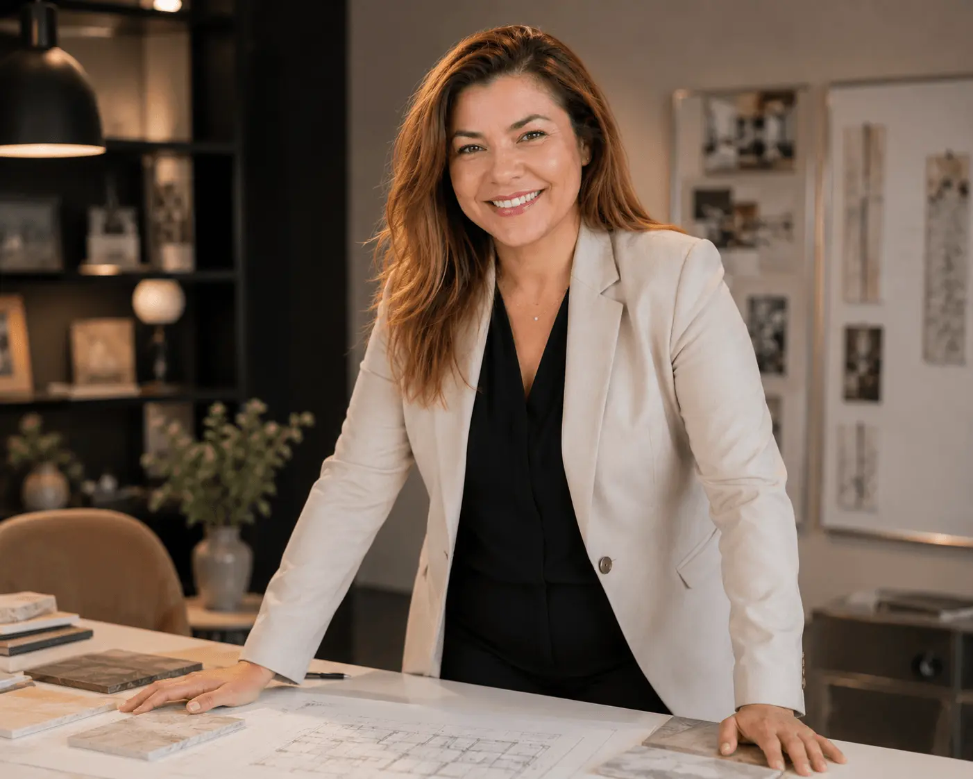 Sena Elferink, interieurstylist in Zwolle, achter haar werktafel met materiaalstalen en plattegrond