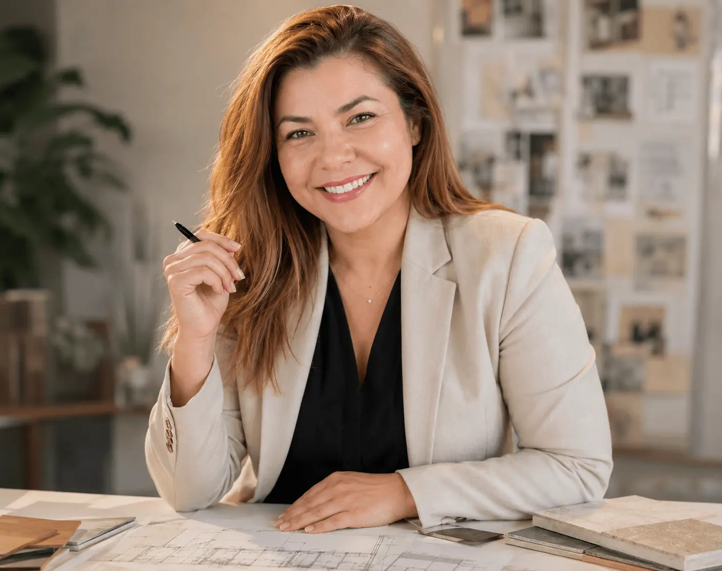 Sena Elferink in haar interieurstudio met materiaalstalen en schetsen